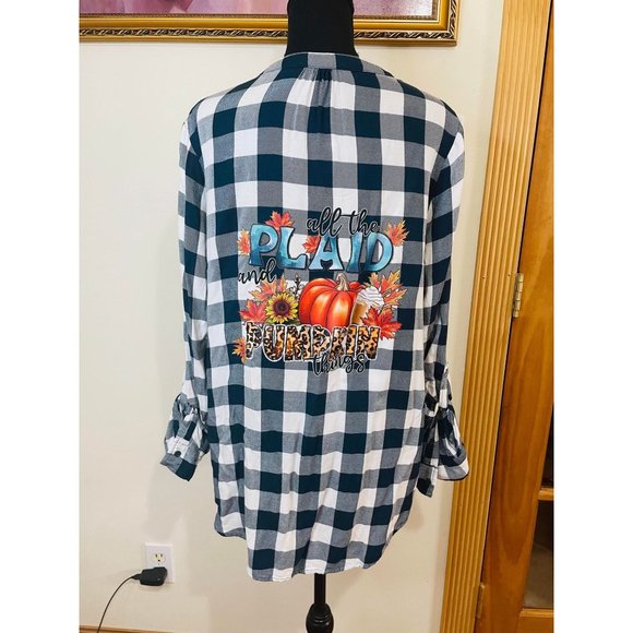 Time & Tru Turquoise Plaid V-Neck Custom Fall Graphic Blouse Size M 8-10 - Picture 6 of 10